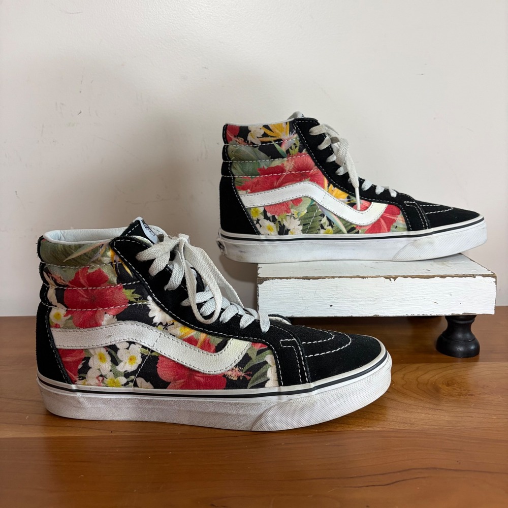 Vans Sk8-Hi Floral Black Hibiscus High Top Sneakers Mens 6 Womens 7.5 721356‎